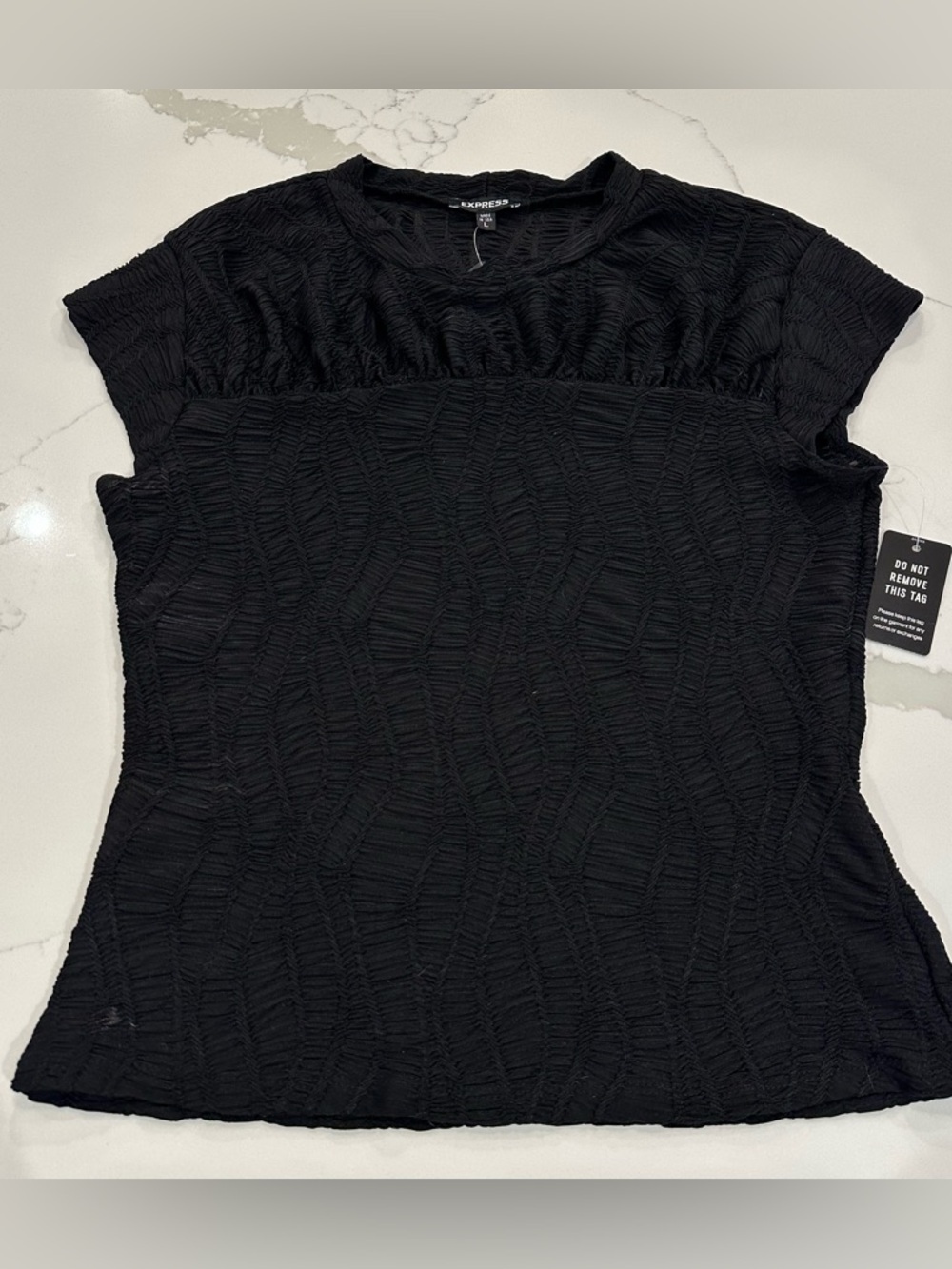 VTG Express Black Textured Short Sleeve Blouse Top Womens M Y2K 90s Ruched Sheer